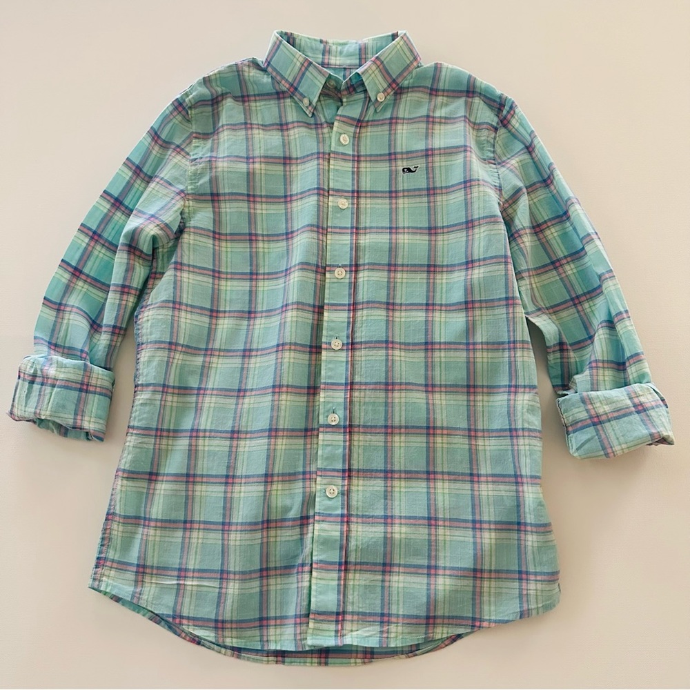 Vineyard Vines Boys 12-14 Whale Blue Plaid Shirt